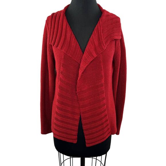 Beyond Threads Red Pima Cotton Chunky Knit Ribbed Foldover Collar Cardigan M - Picture 1 of 7